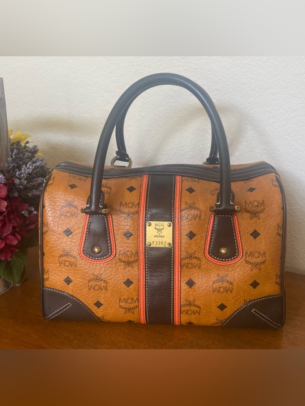 MCM Cognac Visetos Medium Boston Handbag With FREE Wallet - Picture 2 of 15